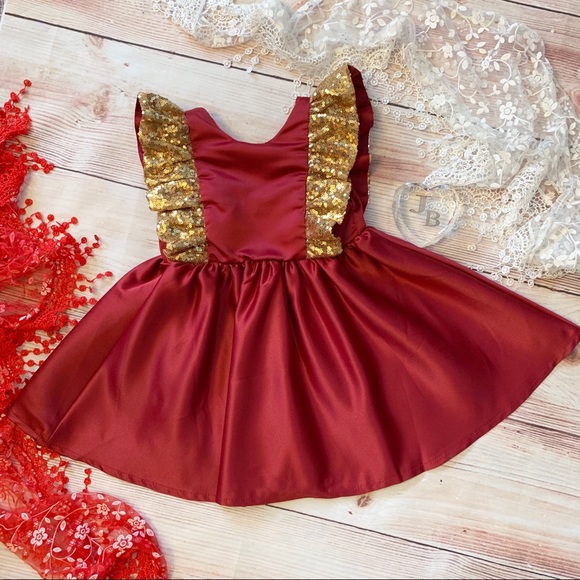 Boutique Girls Red Satin & Gold Sequin Dress - Picture 2 of 5